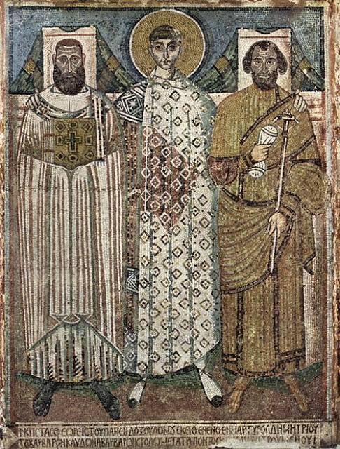 Saint Demetrius with Archbishop John and regional governor,Leondis , Thessaloniki, mosaic, 650